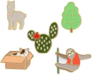 5 Pcs Cute Enamel Lapel Pins Set Cartoon Animal Plant Fruits Foods Brooches Pin Badges for Clothing Bags Backpacks Jackets Hat DIY