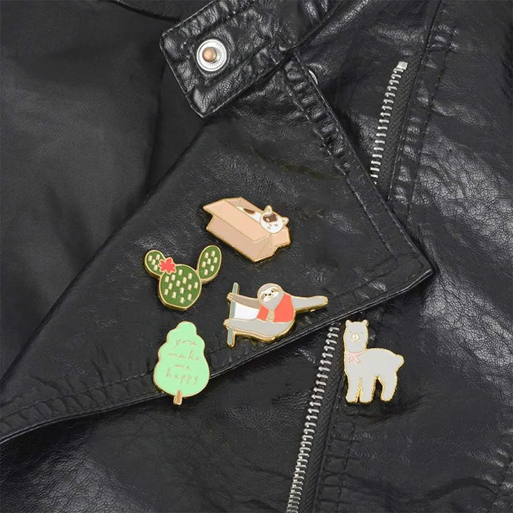 5 Pcs Cute Enamel Lapel Pins Set Cartoon Animal Plant Fruits Foods Brooches Pin Badges for Clothing Bags Backpacks Jackets Hat DIY