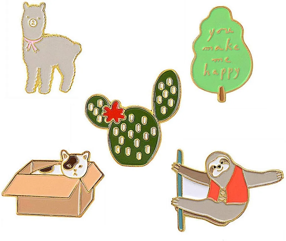 5 Pcs Cute Enamel Lapel Pins Set Cartoon Animal Plant Fruits Foods Brooches Pin Badges for Clothing Bags Backpacks Jackets Hat DIY