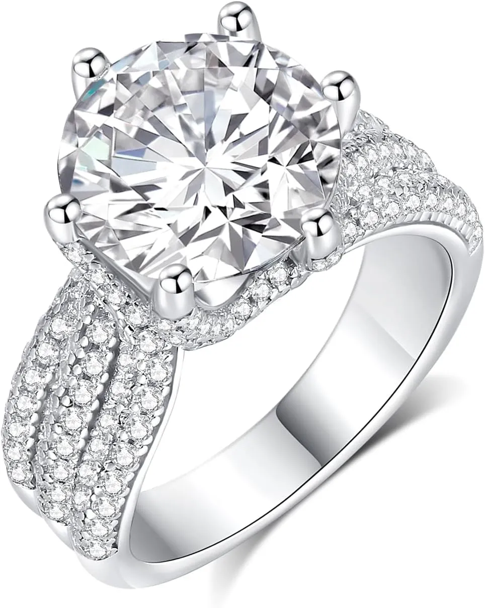 5ct Moissanite Engagement Ring for Women, 11MM Center Stone, D Color VVS1 Round Moissanite Wedding Promise Proposal Ring for Women Her, Anniversary Luxurious Bridal Gift