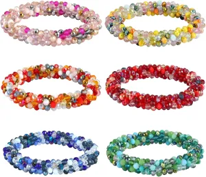 6 Pcs 6 Colors Faceted Glass Beaded Bracelet, Glass Beaded Crochet Stretch Fashion Nepal Bracelet for Women