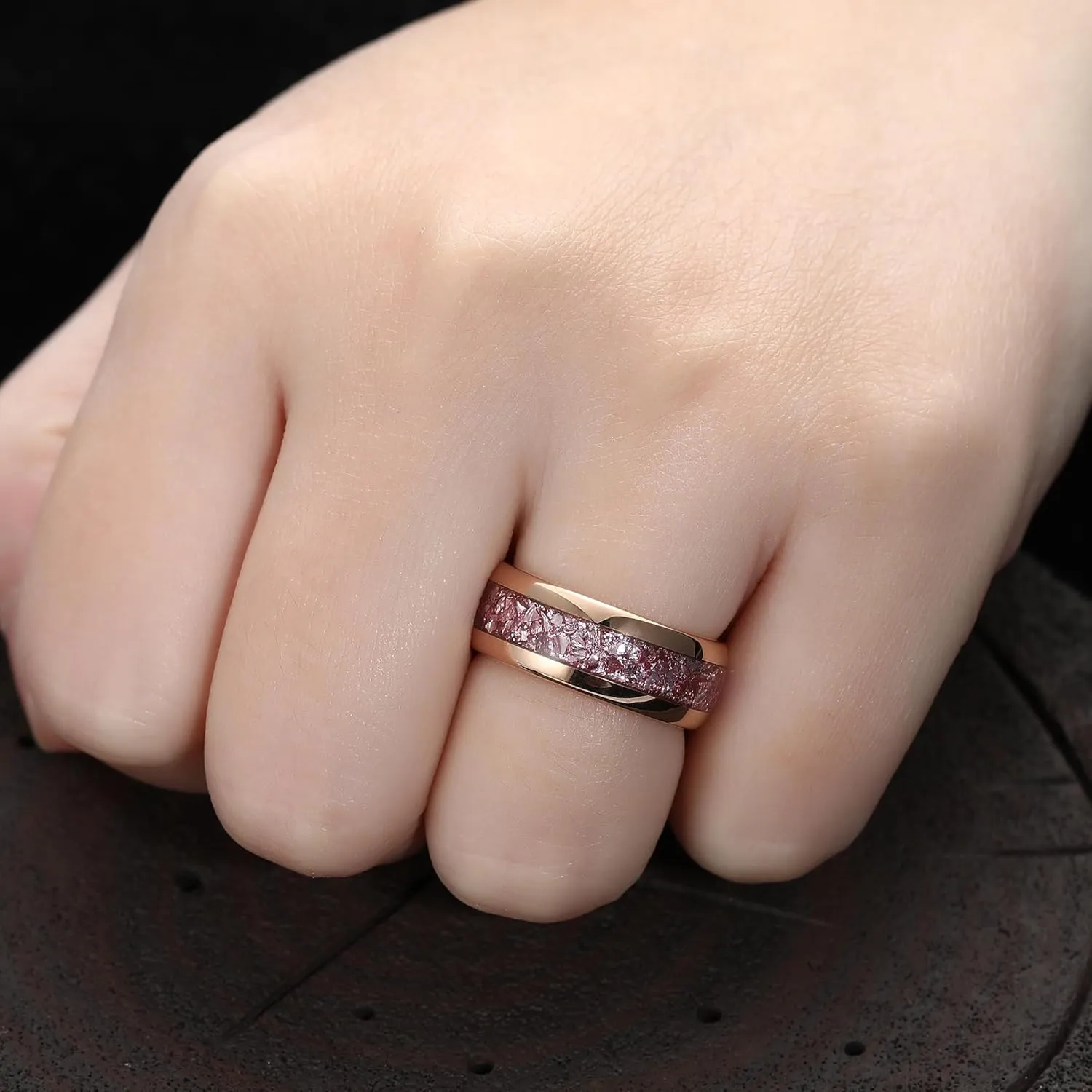 8mm Black Gold or Rose Gold Plated Tungsten Rings for Men - Eternity Pink/Green/Red Birthstone Mens Tungsten Wedding Bands with Gold Foil Leaf - Unique Gothic Daily Wear Promise Rings for Him Size 7-14