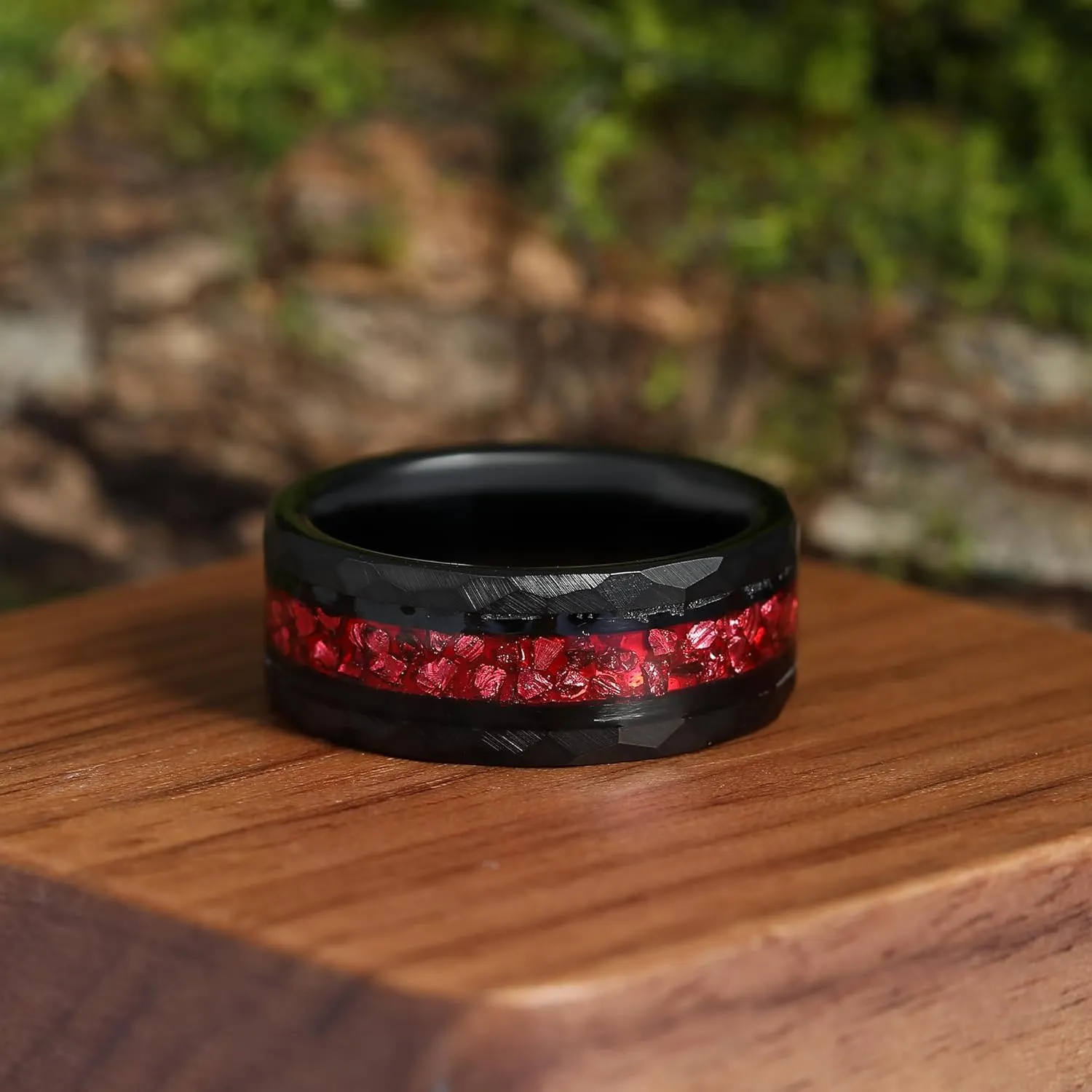 8mm Black Gold or Rose Gold Plated Tungsten Rings for Men - Eternity Pink/Green/Red Birthstone Mens Tungsten Wedding Bands with Gold Foil Leaf - Unique Gothic Daily Wear Promise Rings for Him Size 7-14