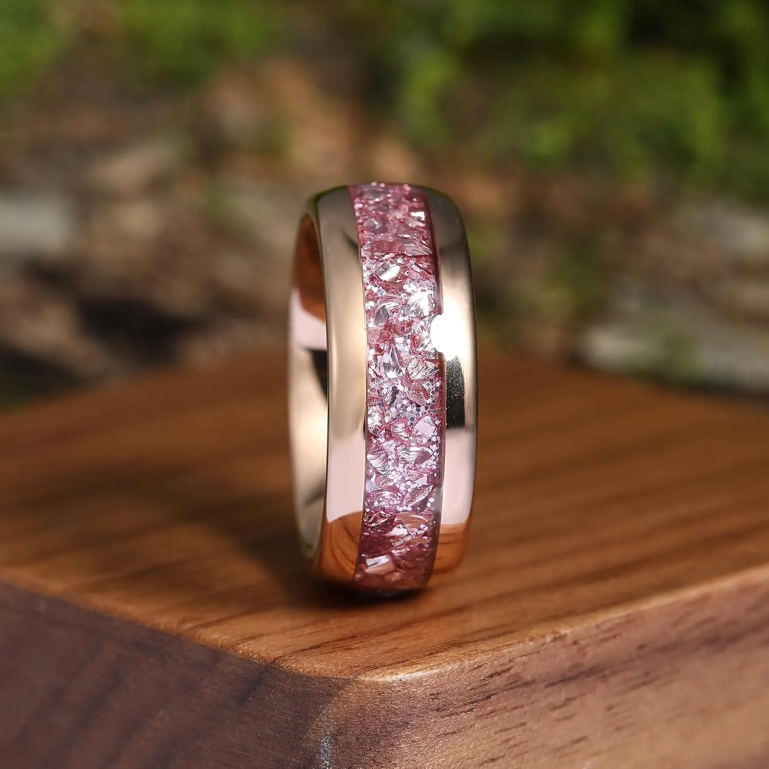 8mm Black Gold or Rose Gold Plated Tungsten Rings for Men - Eternity Pink/Green/Red Birthstone Mens Tungsten Wedding Bands with Gold Foil Leaf - Unique Gothic Daily Wear Promise Rings for Him Size 7-14