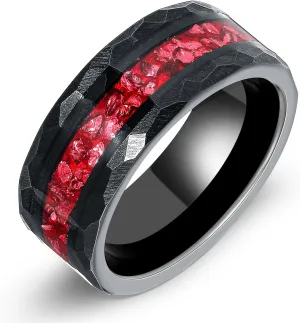 8mm Black Gold or Rose Gold Plated Tungsten Rings for Men - Eternity Pink/Green/Red Birthstone Mens Tungsten Wedding Bands with Gold Foil Leaf - Unique Gothic Daily Wear Promise Rings for Him Size 7-14