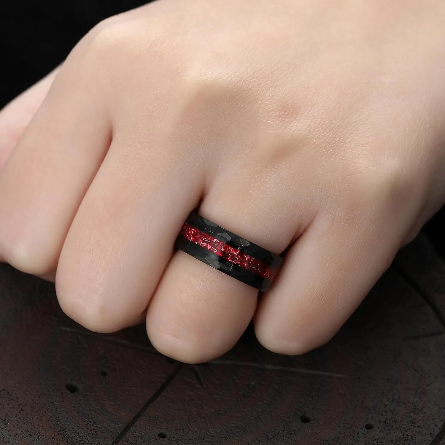 8mm Black Gold or Rose Gold Plated Tungsten Rings for Men - Eternity Pink/Green/Red Birthstone Mens Tungsten Wedding Bands with Gold Foil Leaf - Unique Gothic Daily Wear Promise Rings for Him Size 7-14