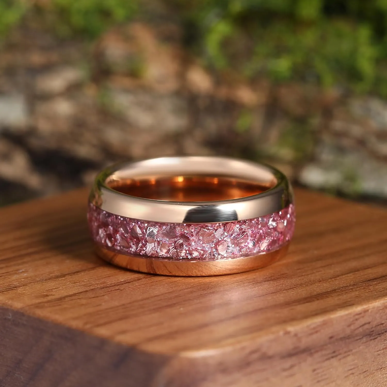 8mm Black Gold or Rose Gold Plated Tungsten Rings for Men - Eternity Pink/Green/Red Birthstone Mens Tungsten Wedding Bands with Gold Foil Leaf - Unique Gothic Daily Wear Promise Rings for Him Size 7-14
