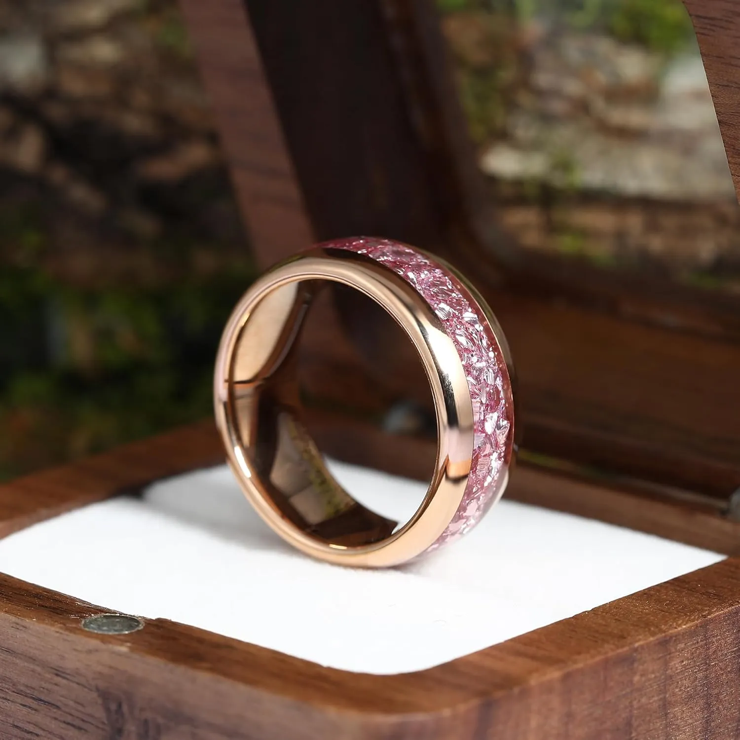 8mm Black Gold or Rose Gold Plated Tungsten Rings for Men - Eternity Pink/Green/Red Birthstone Mens Tungsten Wedding Bands with Gold Foil Leaf - Unique Gothic Daily Wear Promise Rings for Him Size 7-14