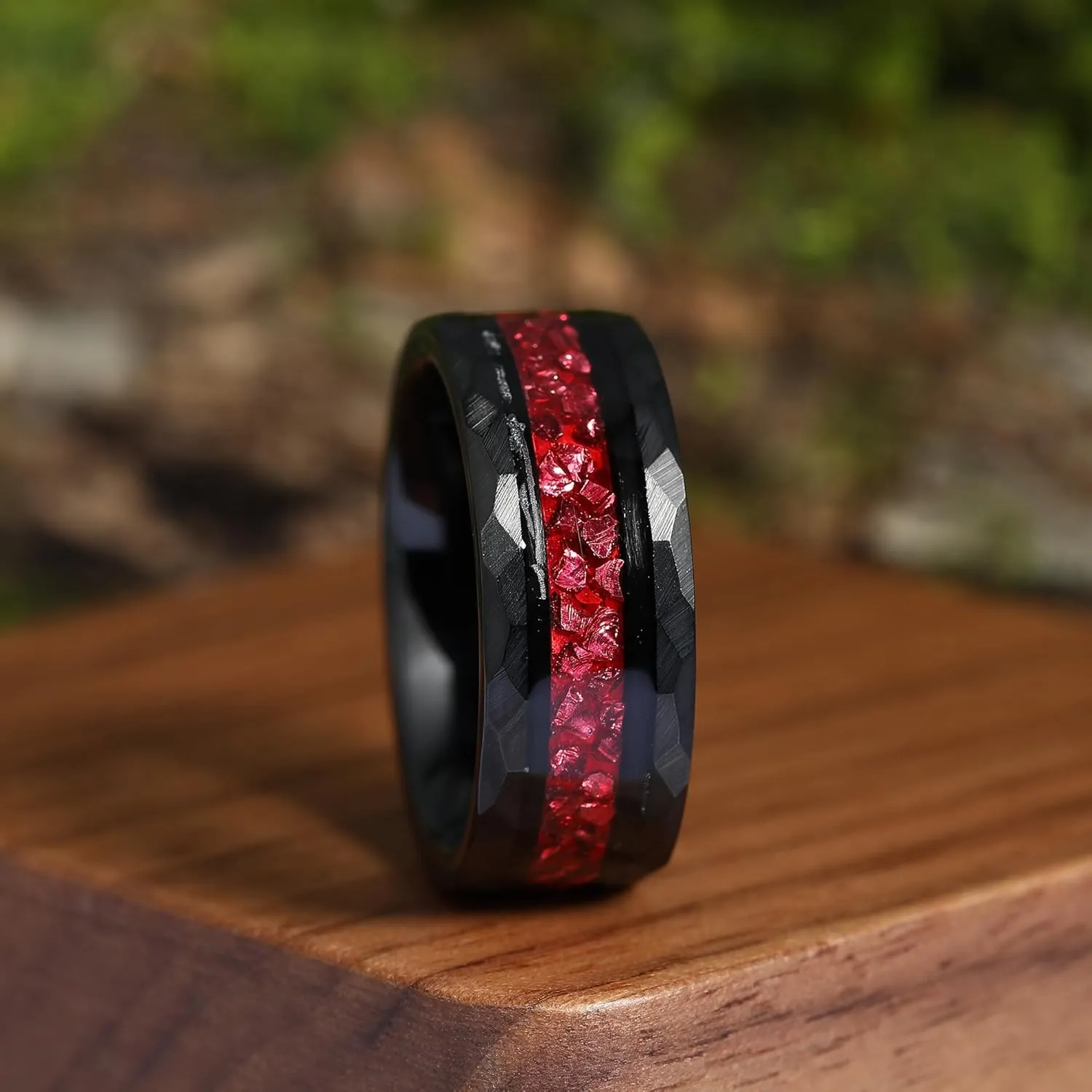 8mm Black Gold or Rose Gold Plated Tungsten Rings for Men - Eternity Pink/Green/Red Birthstone Mens Tungsten Wedding Bands with Gold Foil Leaf - Unique Gothic Daily Wear Promise Rings for Him Size 7-14