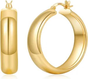 8mm Wide Chunky Gold Hoops 14K Real Gold Plated Hypoallergenic 925 Sterling Silver Hoops Lightweight Big Gold Hoop Earrings for Women 30/40/50/60mm
