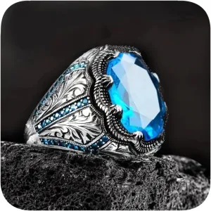 925 Plated Silver CZ Aquamarine Men's Ring Multicolor Stone Ring Vintage Turkish Style Men's Women 's Handmade Engraved Silver Ring with Emerald Stone Jewelry Size 10#