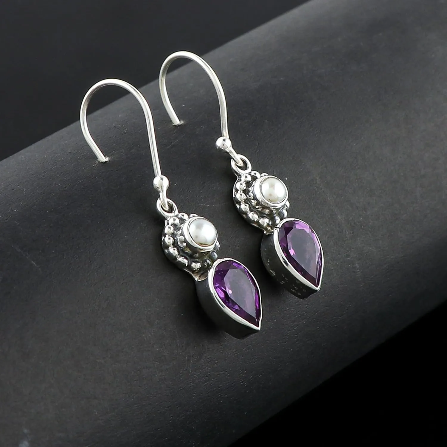 925 Sterling Silver Amethyst & Pearl Earrings, Tear Drop Dangle Earring, February Birthstone, Natural Gemstones Dainty Statement Jewelry, Bridal Wedding Handmade Gift for Women