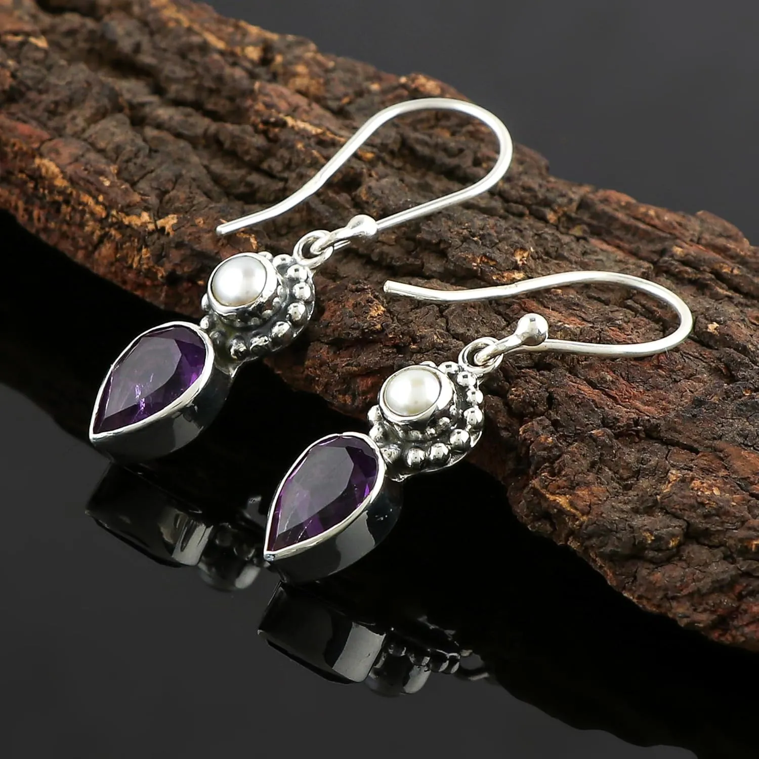 925 Sterling Silver Amethyst & Pearl Earrings, Tear Drop Dangle Earring, February Birthstone, Natural Gemstones Dainty Statement Jewelry, Bridal Wedding Handmade Gift for Women