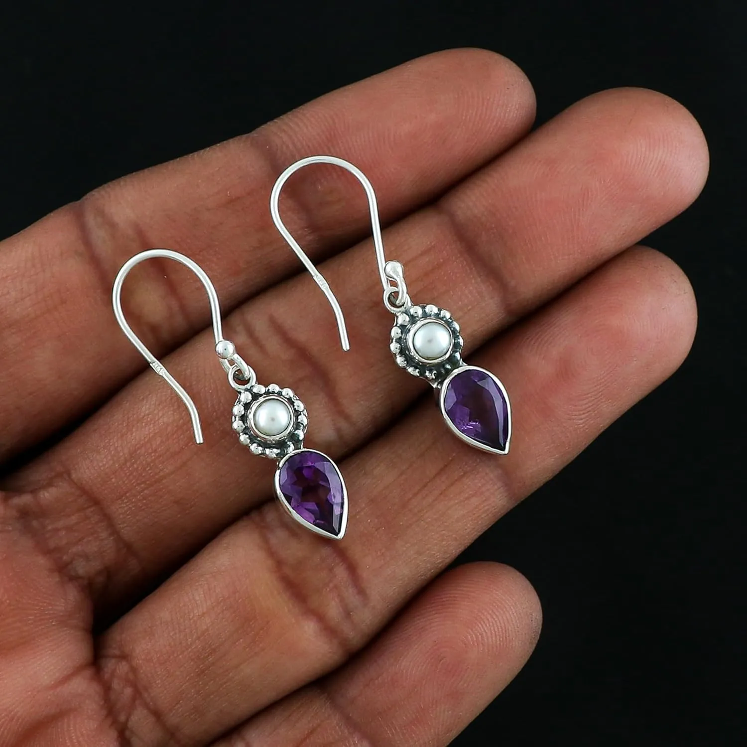 925 Sterling Silver Amethyst & Pearl Earrings, Tear Drop Dangle Earring, February Birthstone, Natural Gemstones Dainty Statement Jewelry, Bridal Wedding Handmade Gift for Women