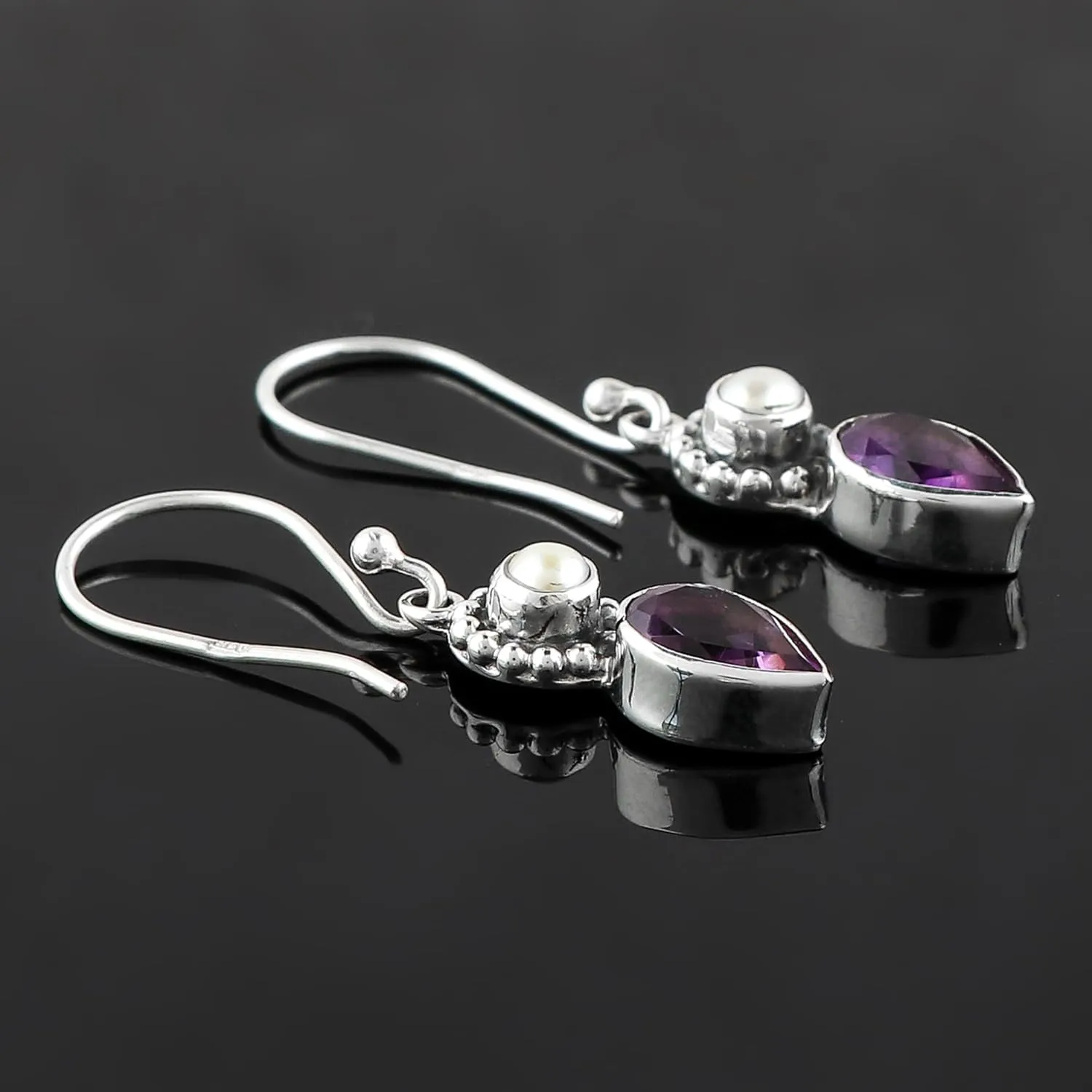 925 Sterling Silver Amethyst & Pearl Earrings, Tear Drop Dangle Earring, February Birthstone, Natural Gemstones Dainty Statement Jewelry, Bridal Wedding Handmade Gift for Women