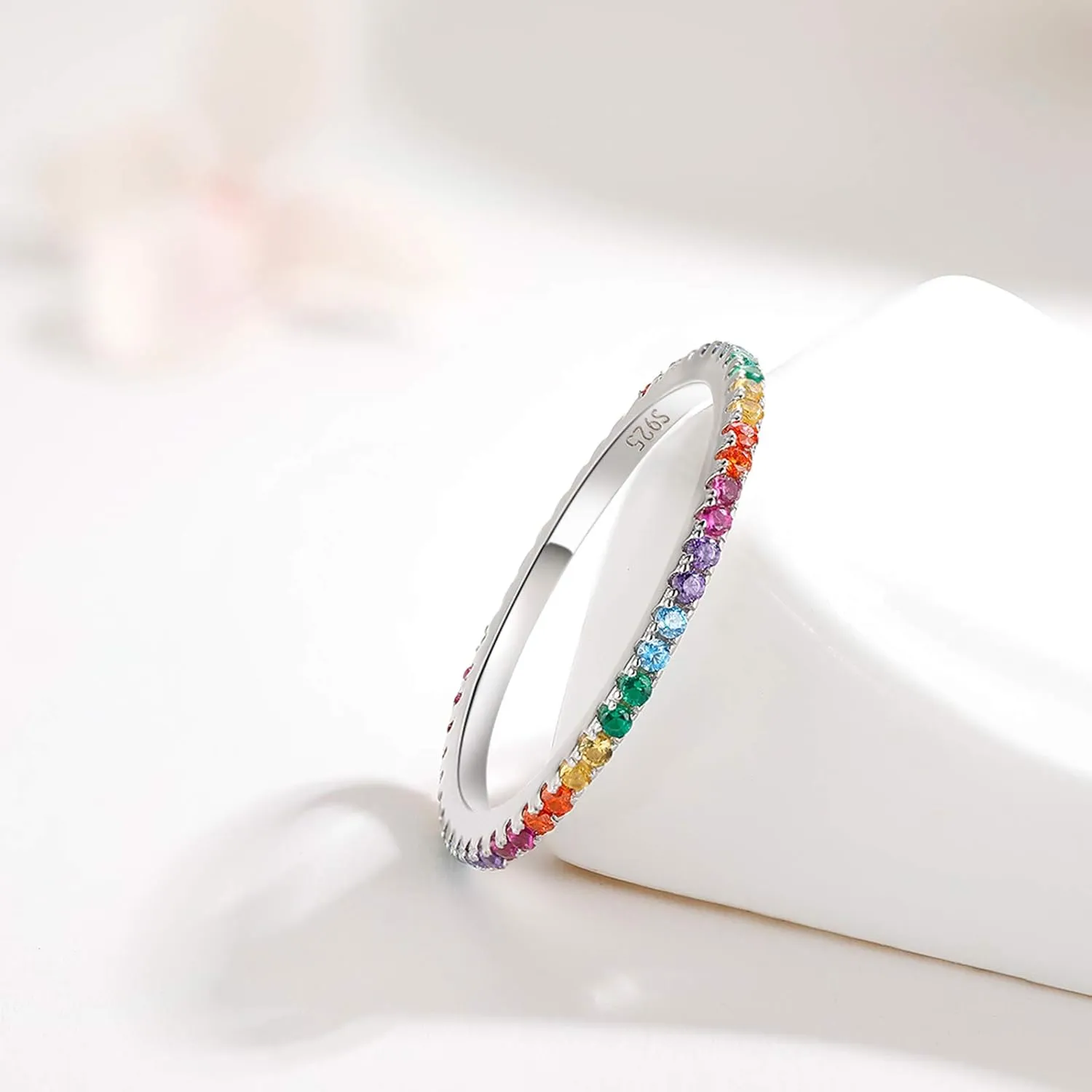 925 Sterling Silver Colorful Ring, Colorful CZ Simulated Diamond Band Ring for Anniversary Promise Wedding Engagement, Jewellery Gifts for Women Ladies