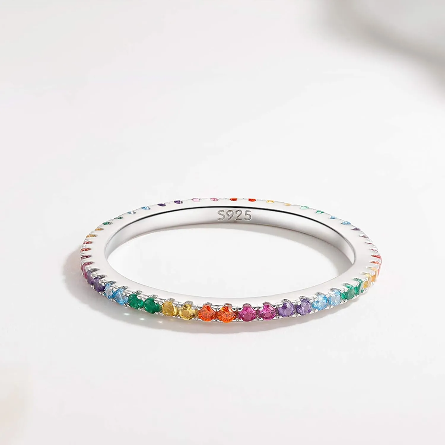 925 Sterling Silver Colorful Ring, Colorful CZ Simulated Diamond Band Ring for Anniversary Promise Wedding Engagement, Jewellery Gifts for Women Ladies