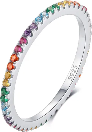 925 Sterling Silver Colorful Ring, Colorful CZ Simulated Diamond Band Ring for Anniversary Promise Wedding Engagement, Jewellery Gifts for Women Ladies