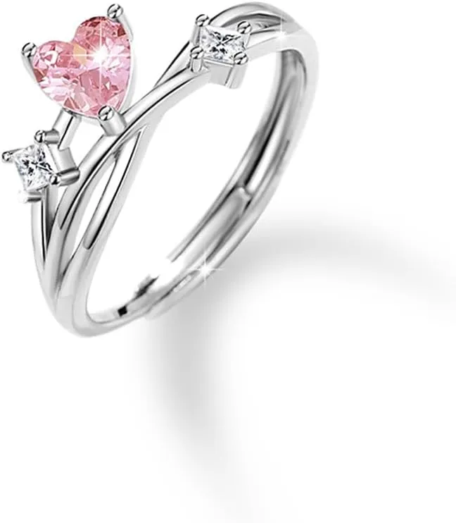 925 Sterling Silver Couple Ring, Fashionable and Versatile Pink Zircon and Star Style Men's and Women's Rings