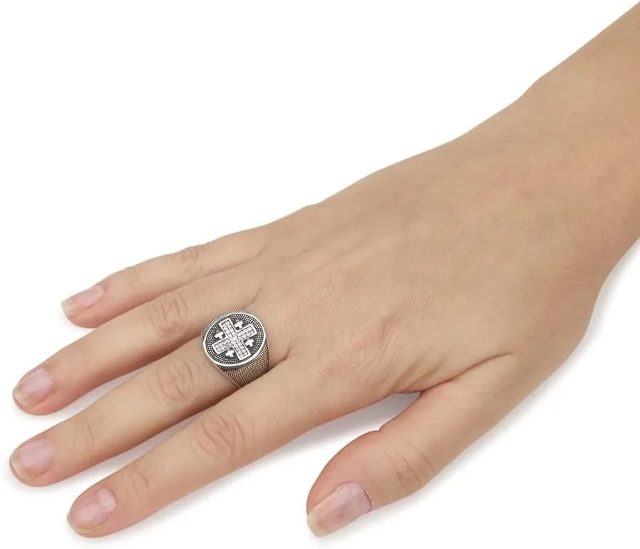 925 Sterling Silver Jerusalem Ring Cross 0.16" Silver Cubic Zirconia Unique Bible Blessings Israel Gifts Rare Art Handmade Jewelry Holyland Hebrew Spiritual
