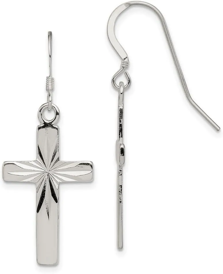 925 Sterling Silver Polished Religious Faith Cross Shepherd Hook Earrings 38x15mm Wide Dangle Earring for Women