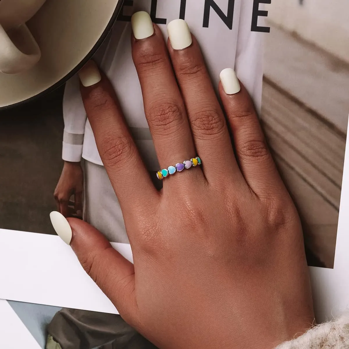 925 Sterling Silver Rainbow Heart Rings for Women Teen Girls Hypoallergenic Dainty Colorful Heart Finger Rings Promise Ring for Her Birthday Valentine's Day Christmas Gifts