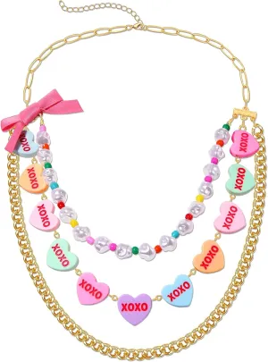 A Three - Layered Necklace/Sweet XO XO Hearts Necklace Pearl Necklace Chain Link Necklace Embellish Butterfly Bow Valentines Day Necklace for Women