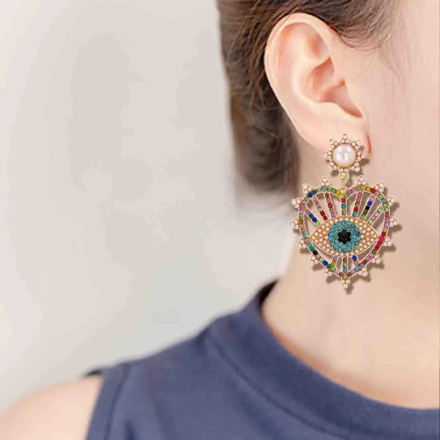 ABJFJE Gold Tone Evil Eyes Statement Dangle Earrings Dainty Zirconia Eye Ear Jacket Drop Earrings for Women Fashion Post Perfect Jewelry for Party Prom and Evening