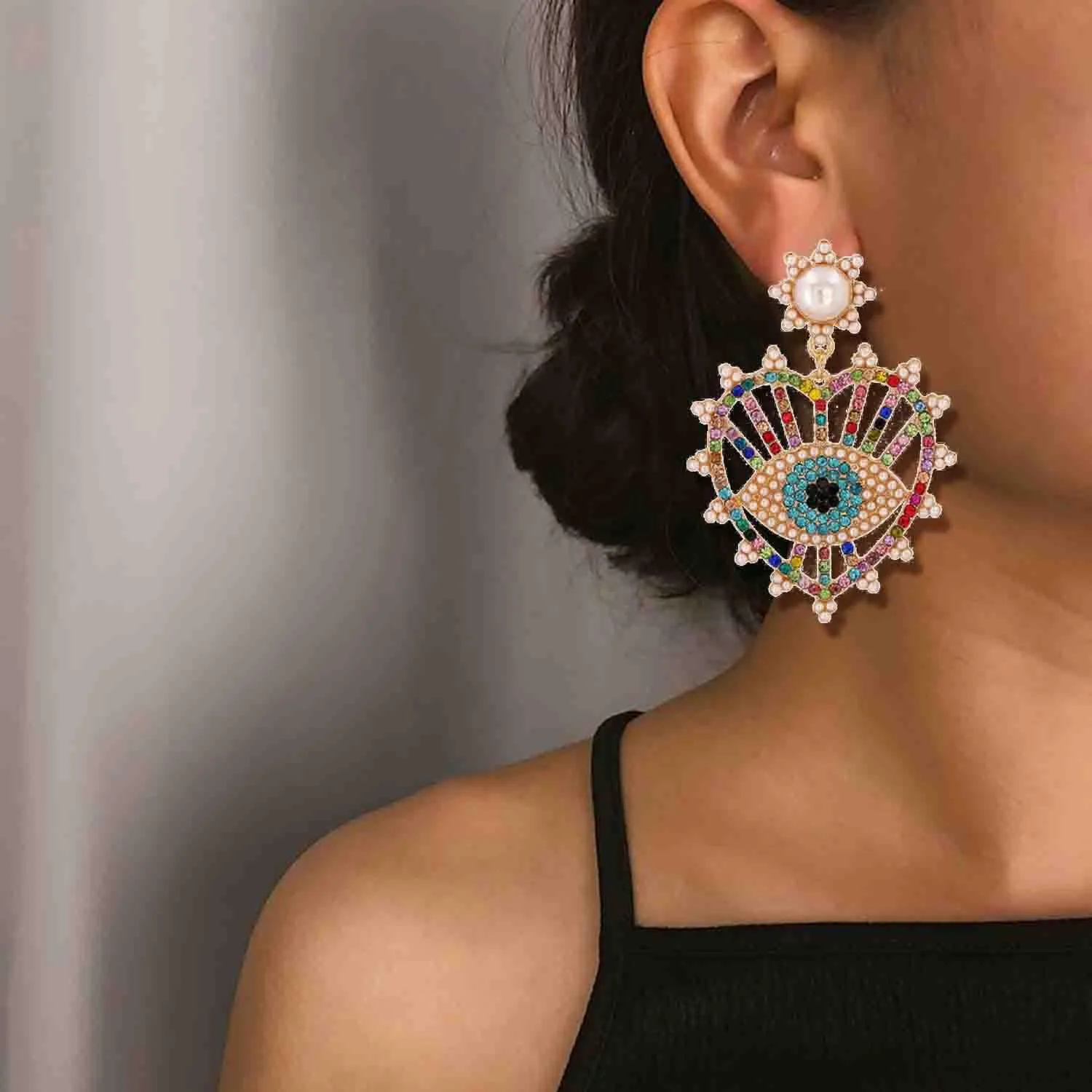 ABJFJE Gold Tone Evil Eyes Statement Dangle Earrings Dainty Zirconia Eye Ear Jacket Drop Earrings for Women Fashion Post Perfect Jewelry for Party Prom and Evening
