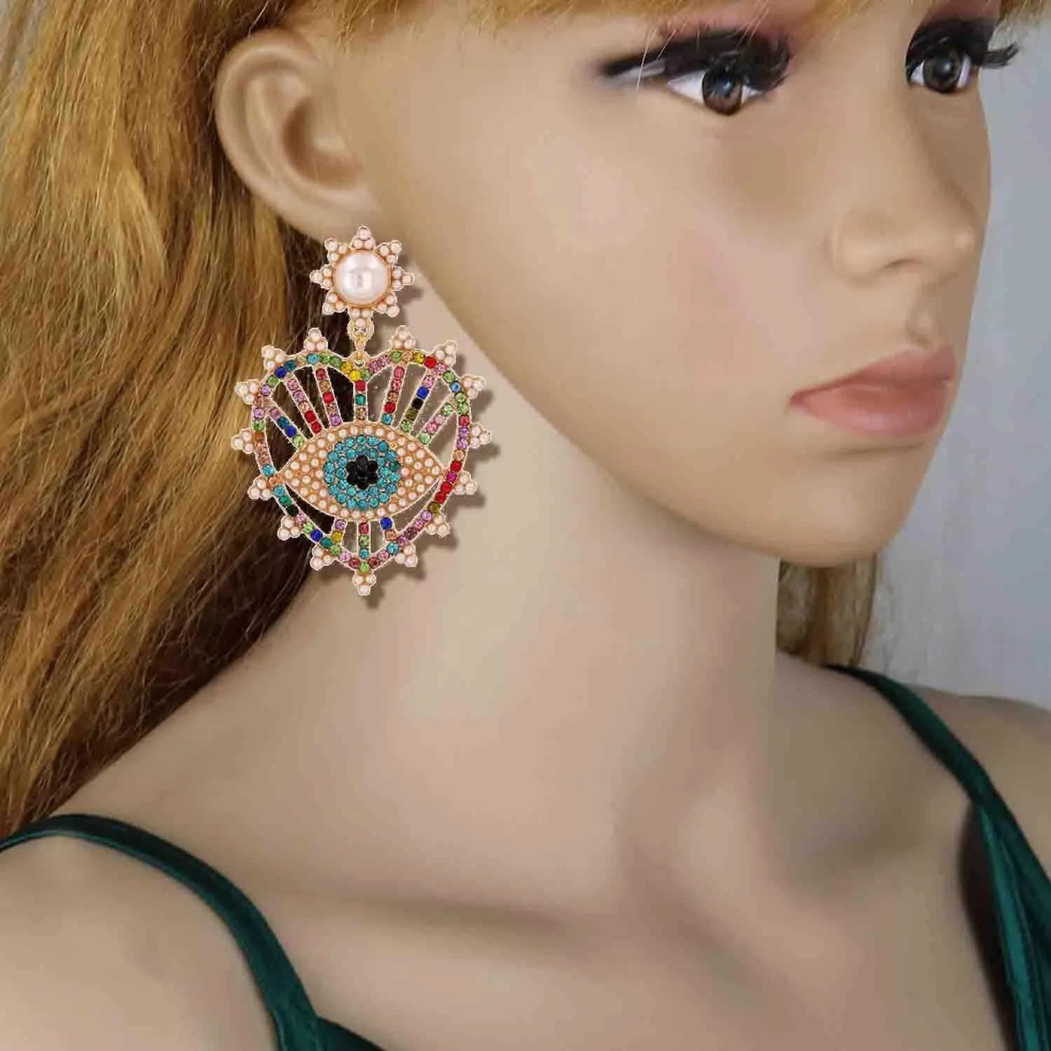 ABJFJE Gold Tone Evil Eyes Statement Dangle Earrings Dainty Zirconia Eye Ear Jacket Drop Earrings for Women Fashion Post Perfect Jewelry for Party Prom and Evening