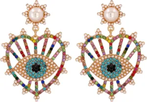 ABJFJE Gold Tone Evil Eyes Statement Dangle Earrings Dainty Zirconia Eye Ear Jacket Drop Earrings for Women Fashion Post Perfect Jewelry for Party Prom and Evening