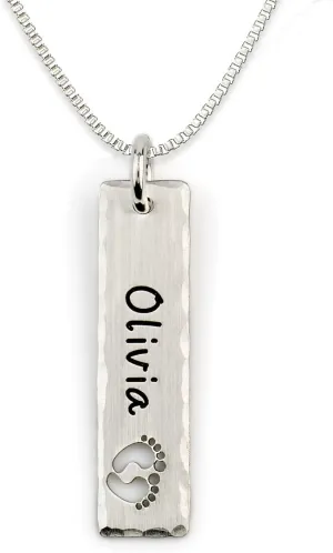 AJ's Collection Open Foot Print Personalized Sterling Silver Name Necklace. Customize with Child's Name, Engraved with Solid Baby Feet. Your Choice of Sterling Silver Chain. Gifts for Her, New Mom