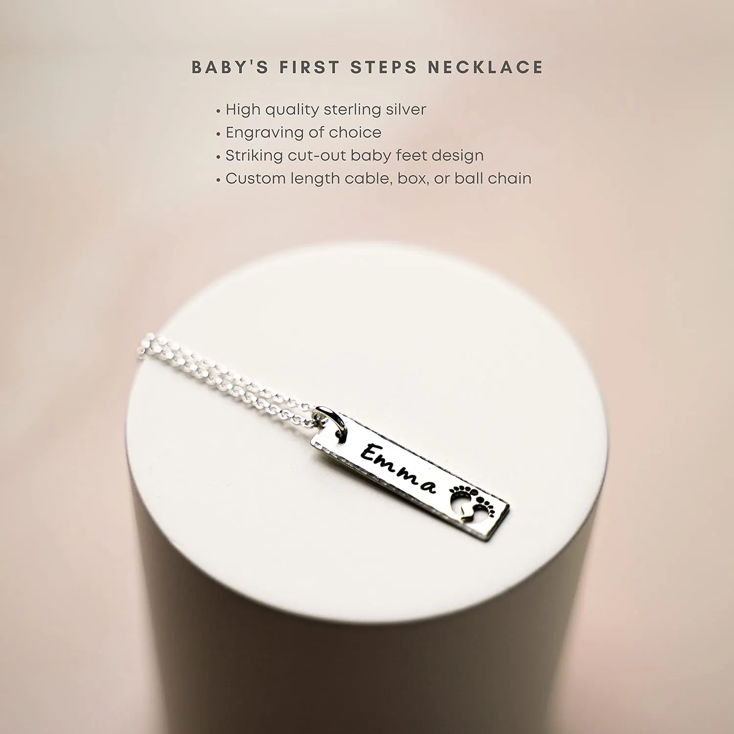 AJ's Collection Open Foot Print Personalized Sterling Silver Name Necklace. Customize with Child's Name, Engraved with Solid Baby Feet. Your Choice of Sterling Silver Chain. Gifts for Her, New Mom