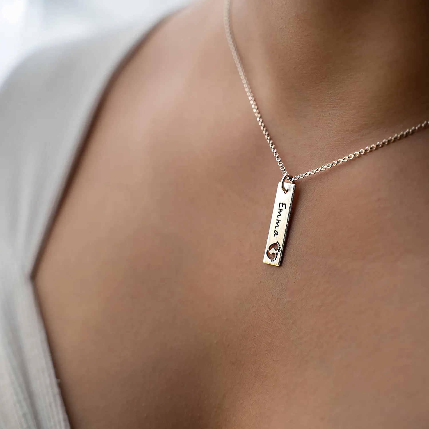 AJ's Collection Open Foot Print Personalized Sterling Silver Name Necklace. Customize with Child's Name, Engraved with Solid Baby Feet. Your Choice of Sterling Silver Chain. Gifts for Her, New Mom