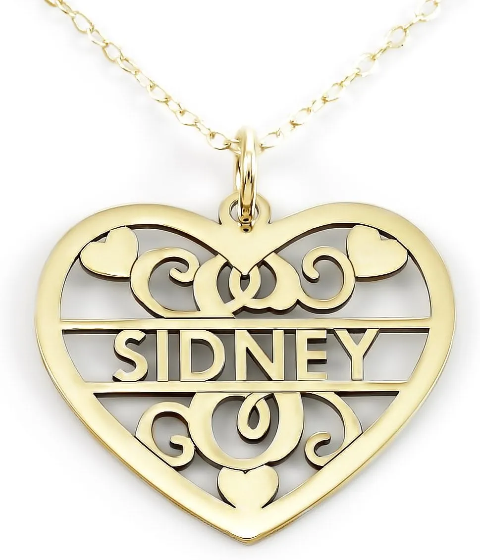 AJ's Collection Sterling Silver Fancy Heart Initial and Name Necklace. Choice of 925, 14k Gold Plate, or Rose Gold Plate Over Sterling Silver