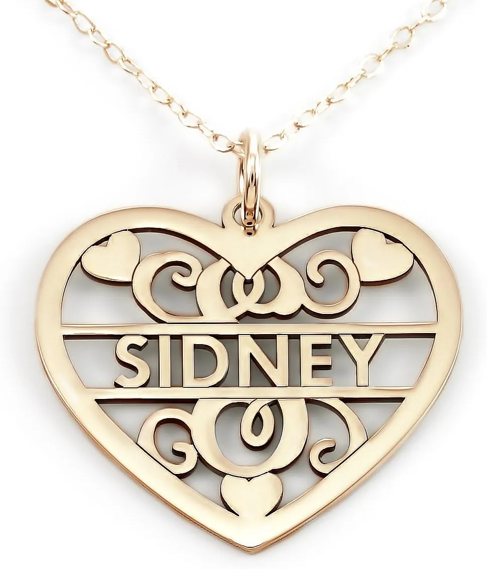 AJ's Collection Sterling Silver Fancy Heart Initial and Name Necklace. Choice of 925, 14k Gold Plate, or Rose Gold Plate Over Sterling Silver