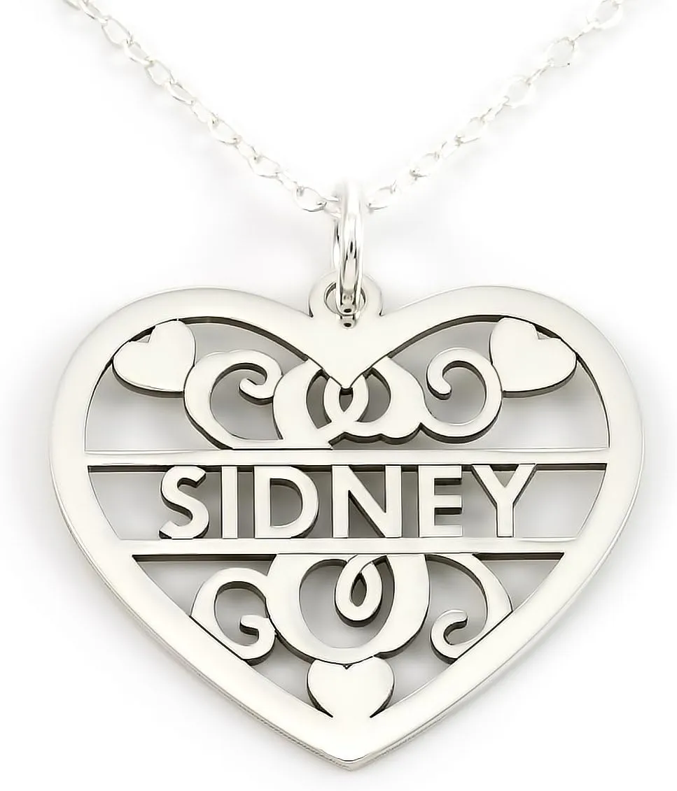 AJ's Collection Sterling Silver Fancy Heart Initial and Name Necklace. Choice of 925, 14k Gold Plate, or Rose Gold Plate Over Sterling Silver