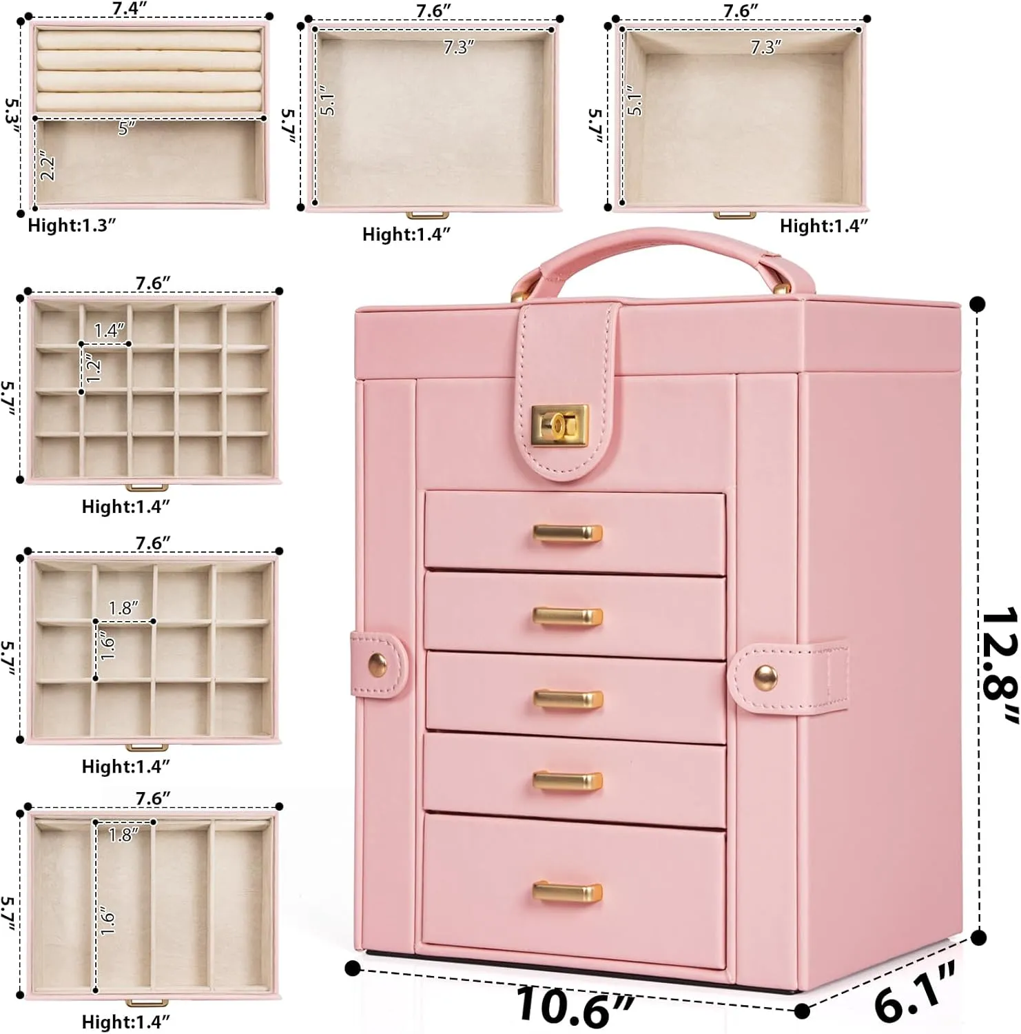 AKOZLIN 6-Tier Jewelry Box Organizer Functional Leather Jewelry Storage Case for Women Girls Ring Necklace Earring Bracelet Holder Organizer with Mirror