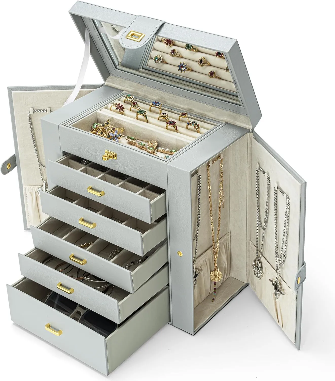 AKOZLIN Extra Large 6-Tier Jewelry Box Organizer Functional Huge, 5 Drawers Leather Jewelry Storage Case for Women Girls Ring Necklace Earring Bracelet Holder Organizer with Mirror Grey