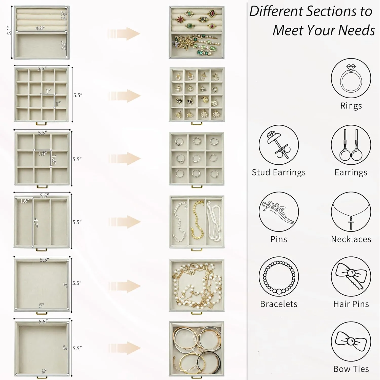 AKOZLIN Functional 6-Tier Jewelry Box Organizer with 5 Drawers Leather Jewelry Storage Case for Women Girls Ring Necklace Earring Bracelet Holder Organizer with Mirror Grey