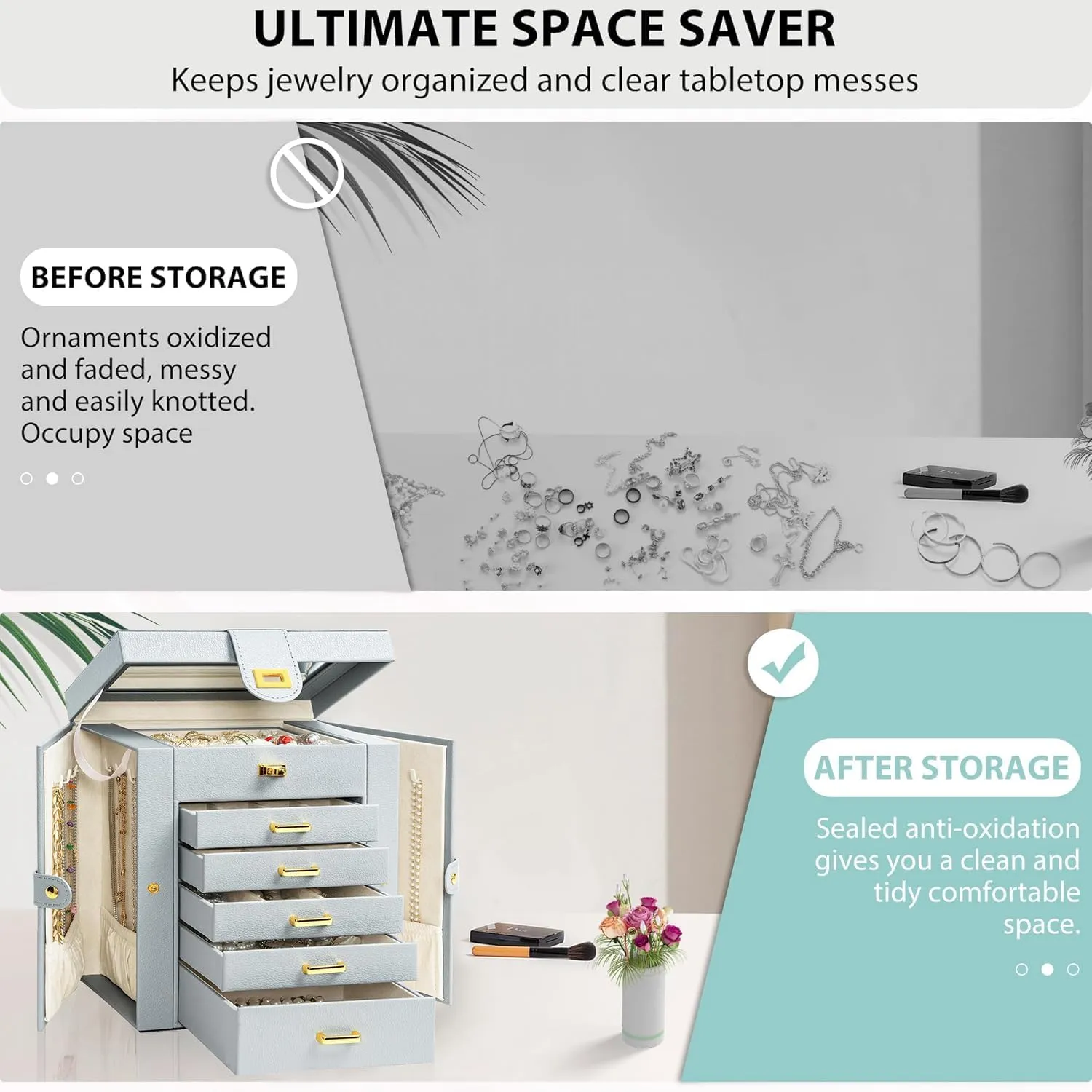 AKOZLIN Functional 6-Tier Jewelry Box Organizer with 5 Drawers Leather Jewelry Storage Case for Women Girls Ring Necklace Earring Bracelet Holder Organizer with Mirror Grey