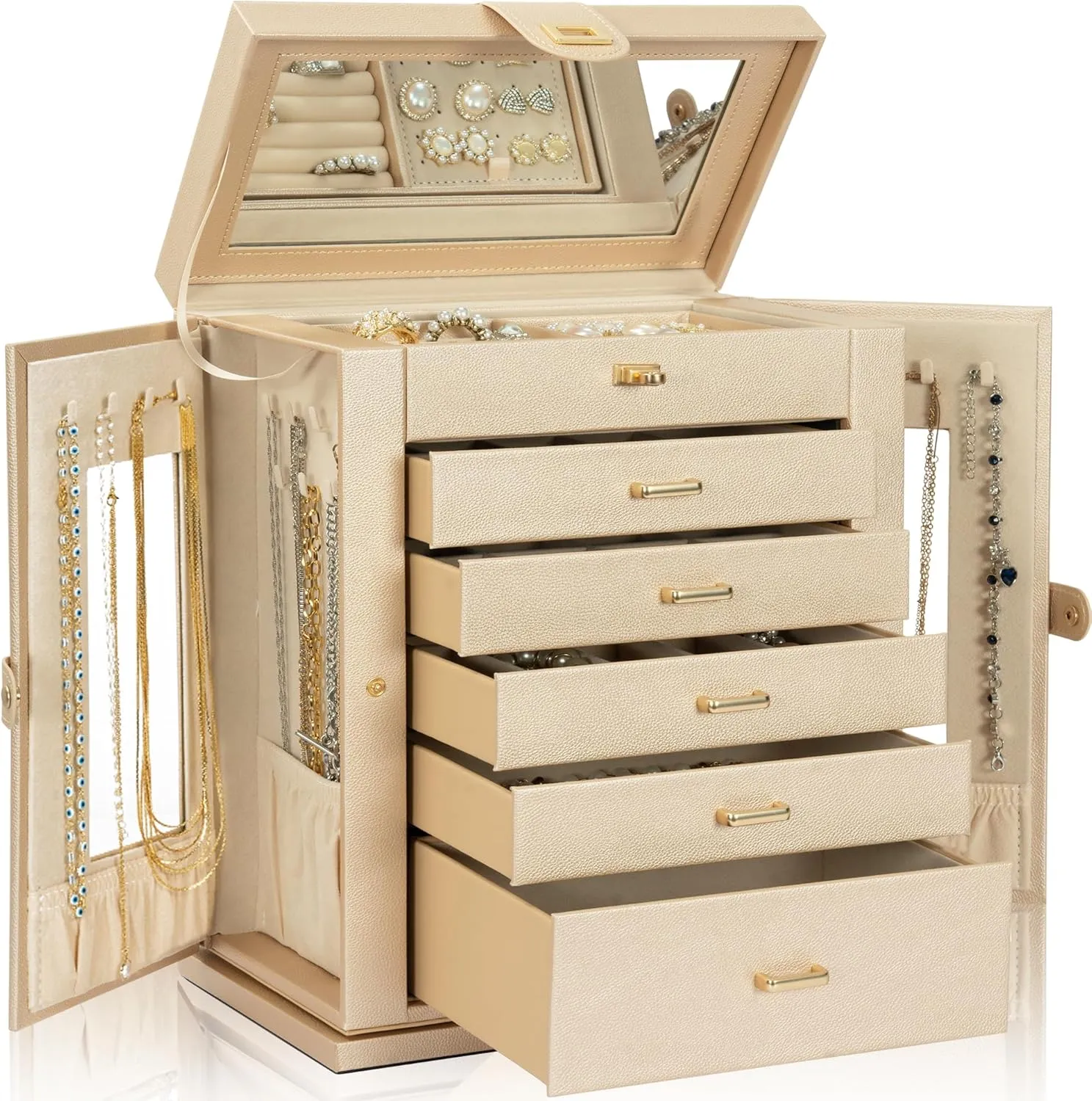 AKOZLIN Jewelry Box 360 Rotating 6-Tier Functional Jewelry Storage Case Organizer for Women Girls Ring Necklace Earring Bracelet Holder with Mirror