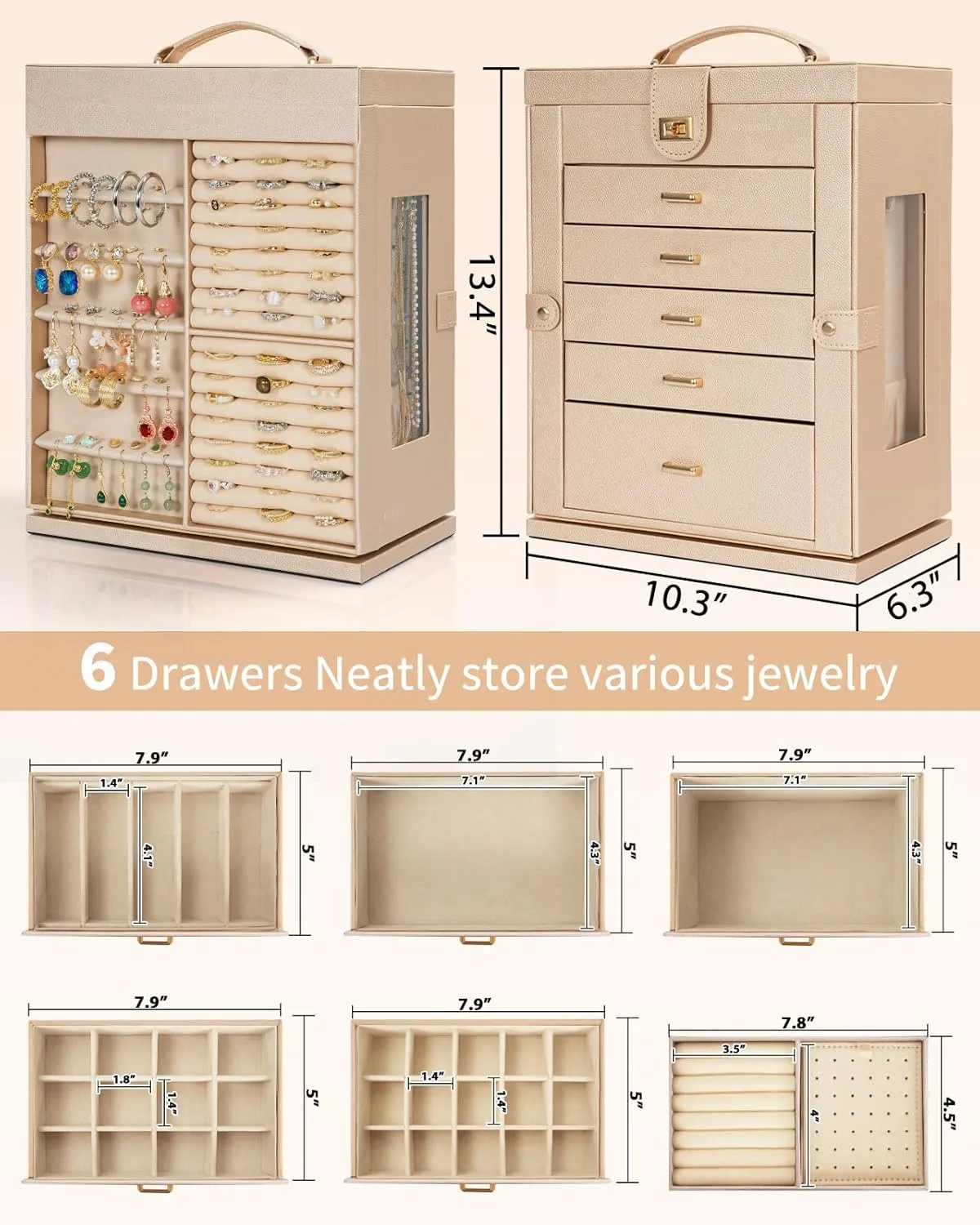 AKOZLIN Jewelry Box 360 Rotating 6-Tier Functional Jewelry Storage Case Organizer for Women Girls Ring Necklace Earring Bracelet Holder with Mirror