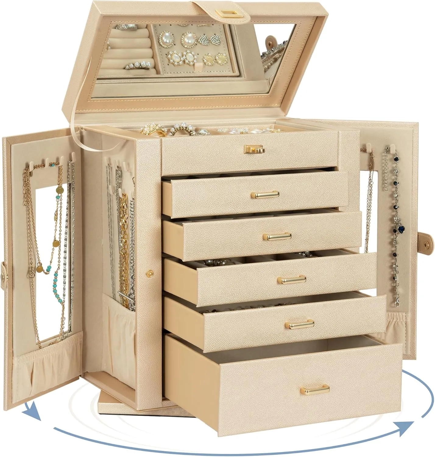 AKOZLIN Jewelry Box 360 Rotating 6-Tier Functional Jewelry Storage Case Organizer for Women Girls Ring Necklace Earring Bracelet Holder with Mirror