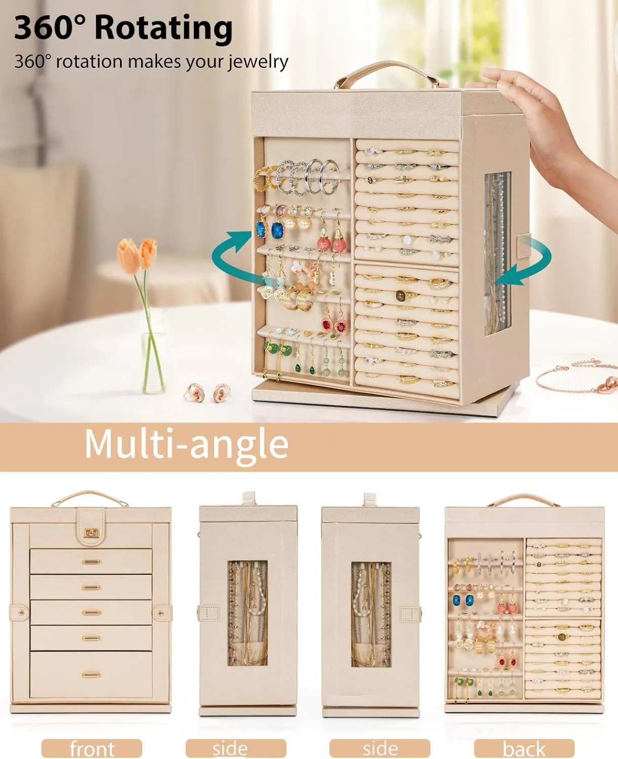 AKOZLIN Jewelry Box 360 Rotating 6-Tier Functional Jewelry Storage Case Organizer for Women Girls Ring Necklace Earring Bracelet Holder with Mirror