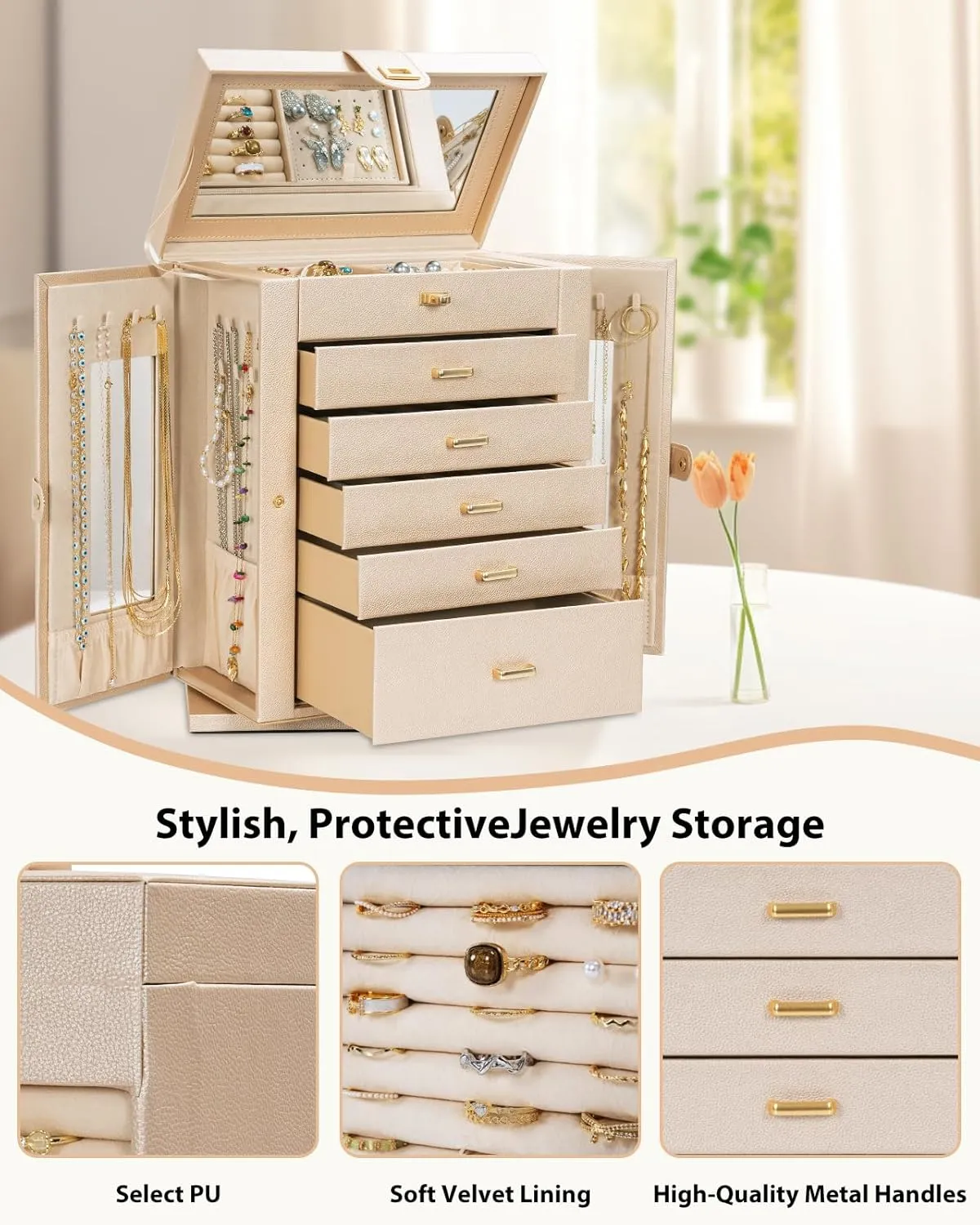 AKOZLIN Jewelry Box 360 Rotating 6-Tier Functional Jewelry Storage Case Organizer for Women Girls Ring Necklace Earring Bracelet Holder with Mirror