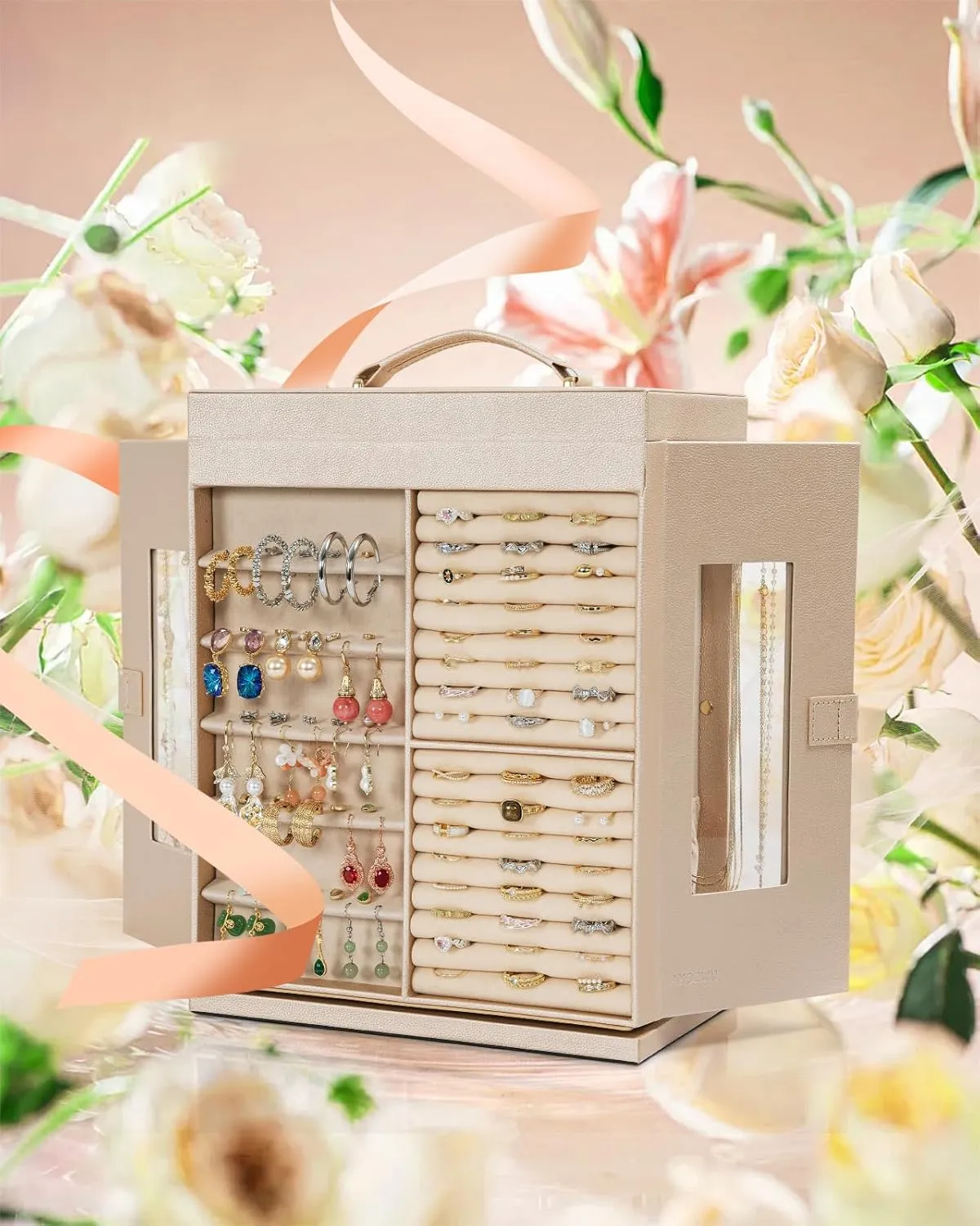 AKOZLIN Jewelry Box 360 Rotating 6-Tier Functional Jewelry Storage Case Organizer for Women Girls Ring Necklace Earring Bracelet Holder with Mirror