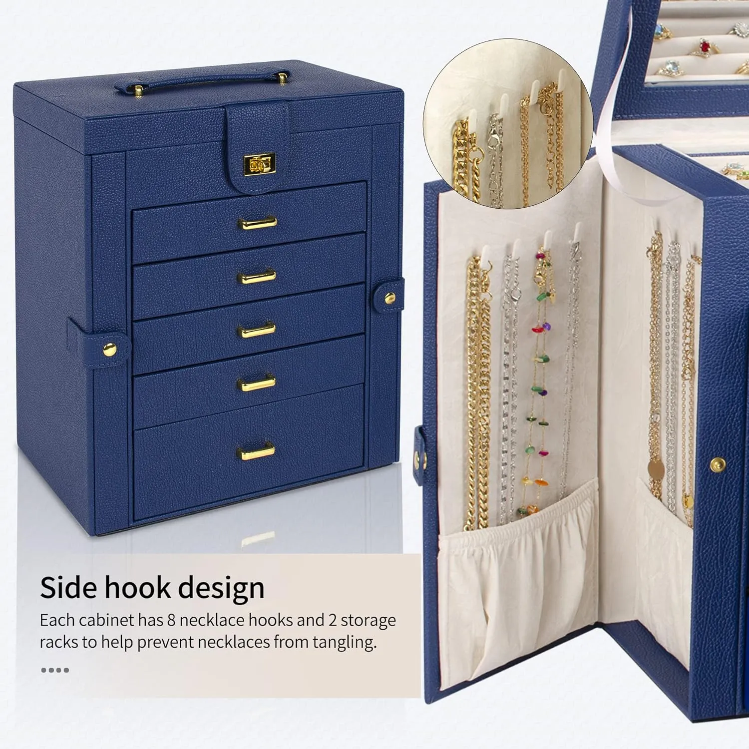AKOZLIN Large Jewelry Box Organizer Functional Lockable with Big Mirror, Leather Jewelry Storage Case for Women Girls Ring Necklace Earring Bracelet Holder Organizer Blue