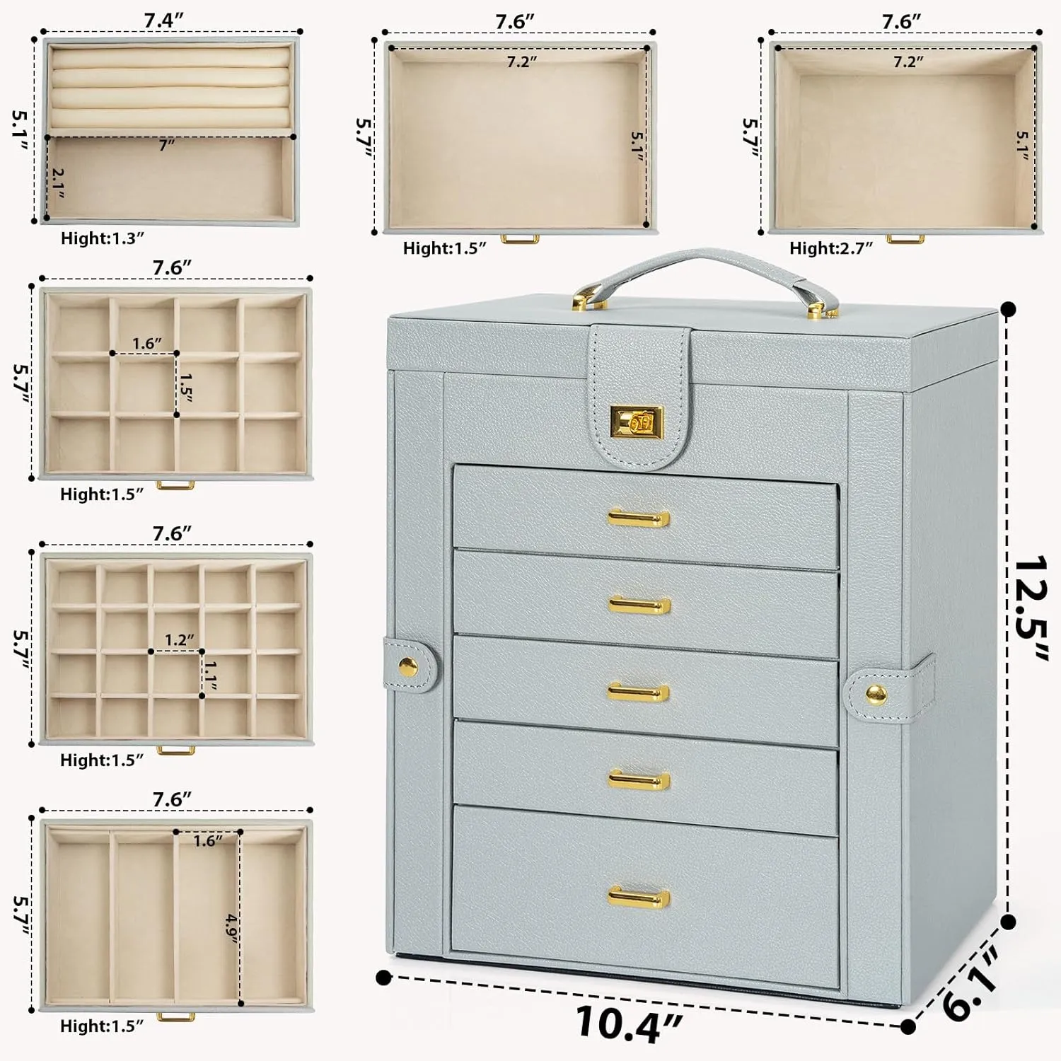 AKOZLIN Large Jewelry Box Organizer Functional Lockable with Big Mirror, Leather Jewelry Storage Case for Women Girls Ring Necklace Earring Bracelet Holder Organizer Grey