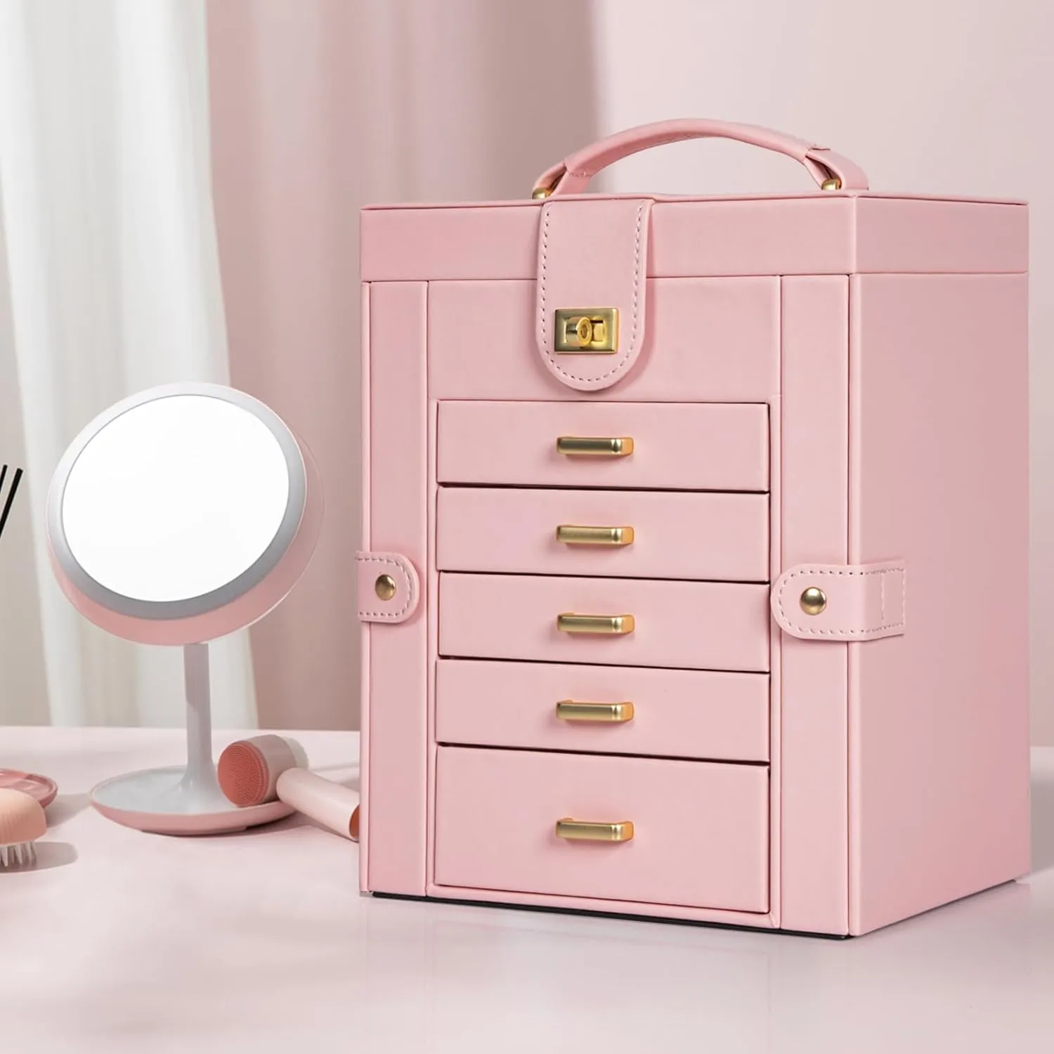 AKOZLIN Large Jewelry Box Organizer Functional with Big Mirror, Leather Jewelry Storage Case for Women Girls Ring Necklace Earring Bracelet Holder Organizer